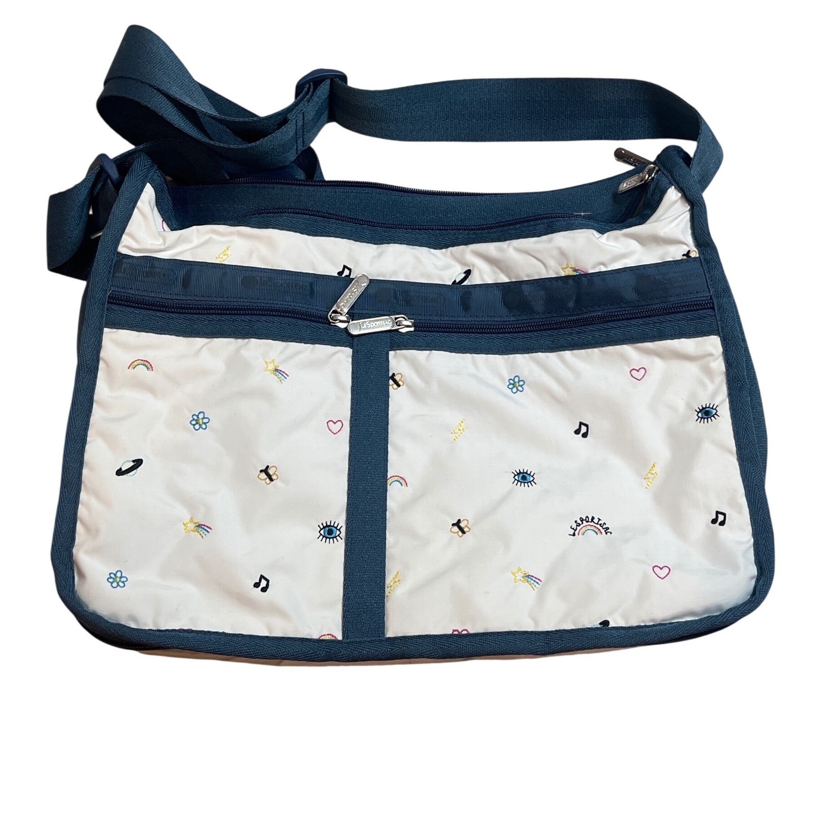 Lesportsac Deluxe Everyday Bag Crossbody Rainbow Music Note Navy White + Pouch